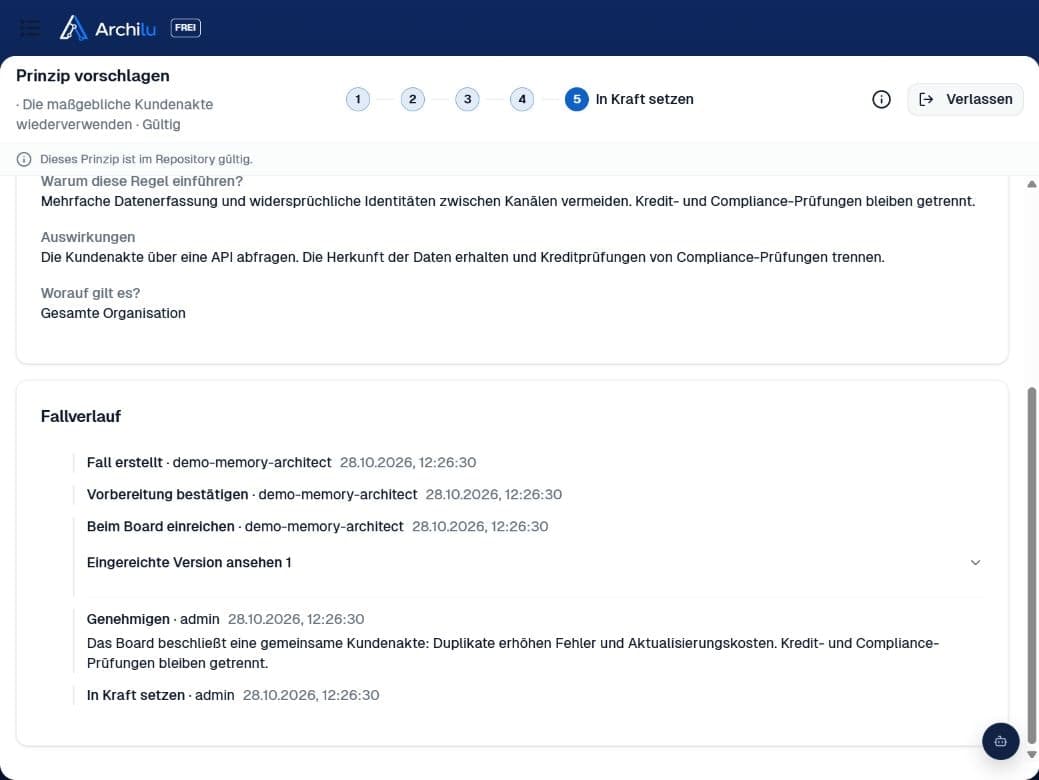 Annahmehistorie in ArchiLU: Das Board genehmigt eine gemeinsame Kundenakte und begründet, warum Kredit- und Compliance-Prüfungen getrennt bleiben.
