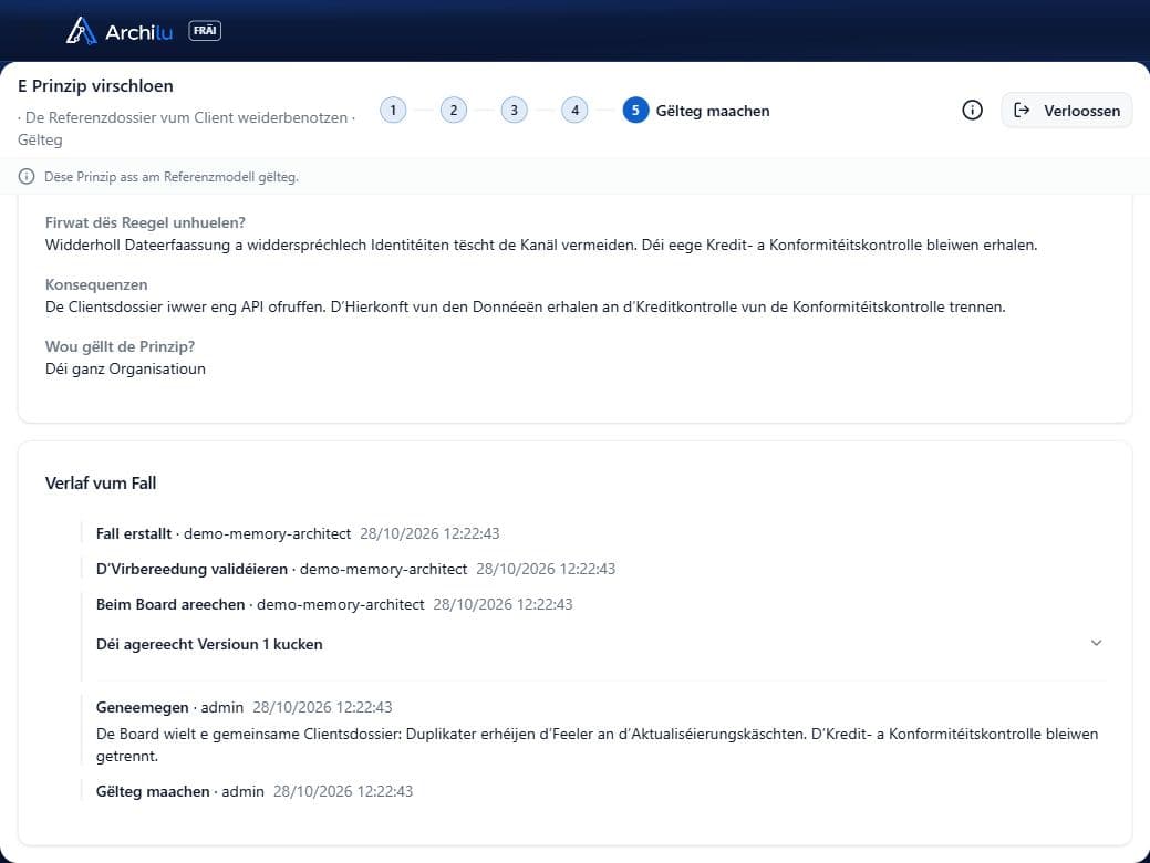 Adoptiounshistorik an ArchiLU: De Board geneemegt e gemeinsame Clientsdossier a begrënnt, firwat Kredit- a Compliance-Kontrolle getrennt bleiwen.
