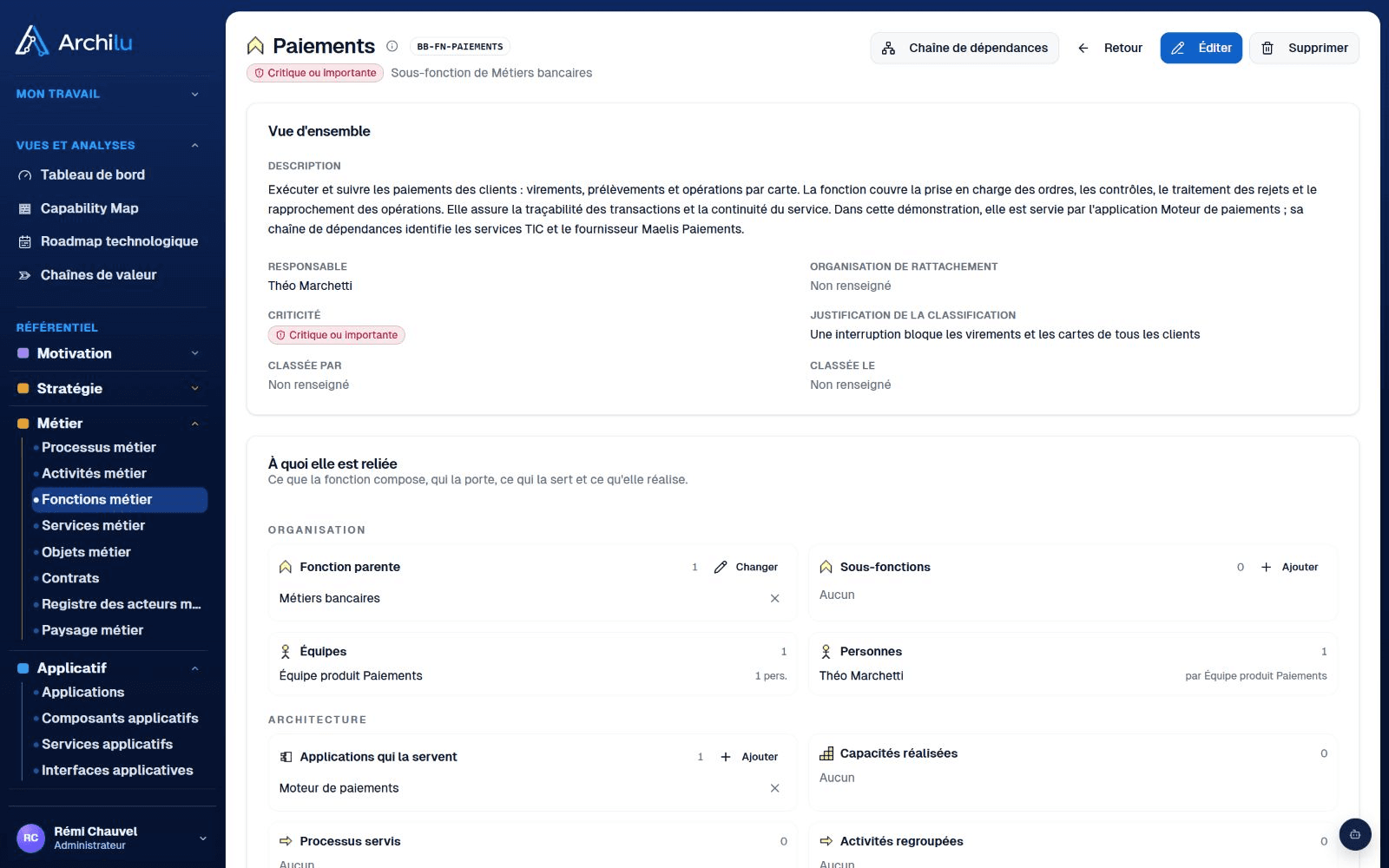 Fiche Paiements : fonction critique ou importante, justification de la classification, responsable et application Moteur de paiements liée.
