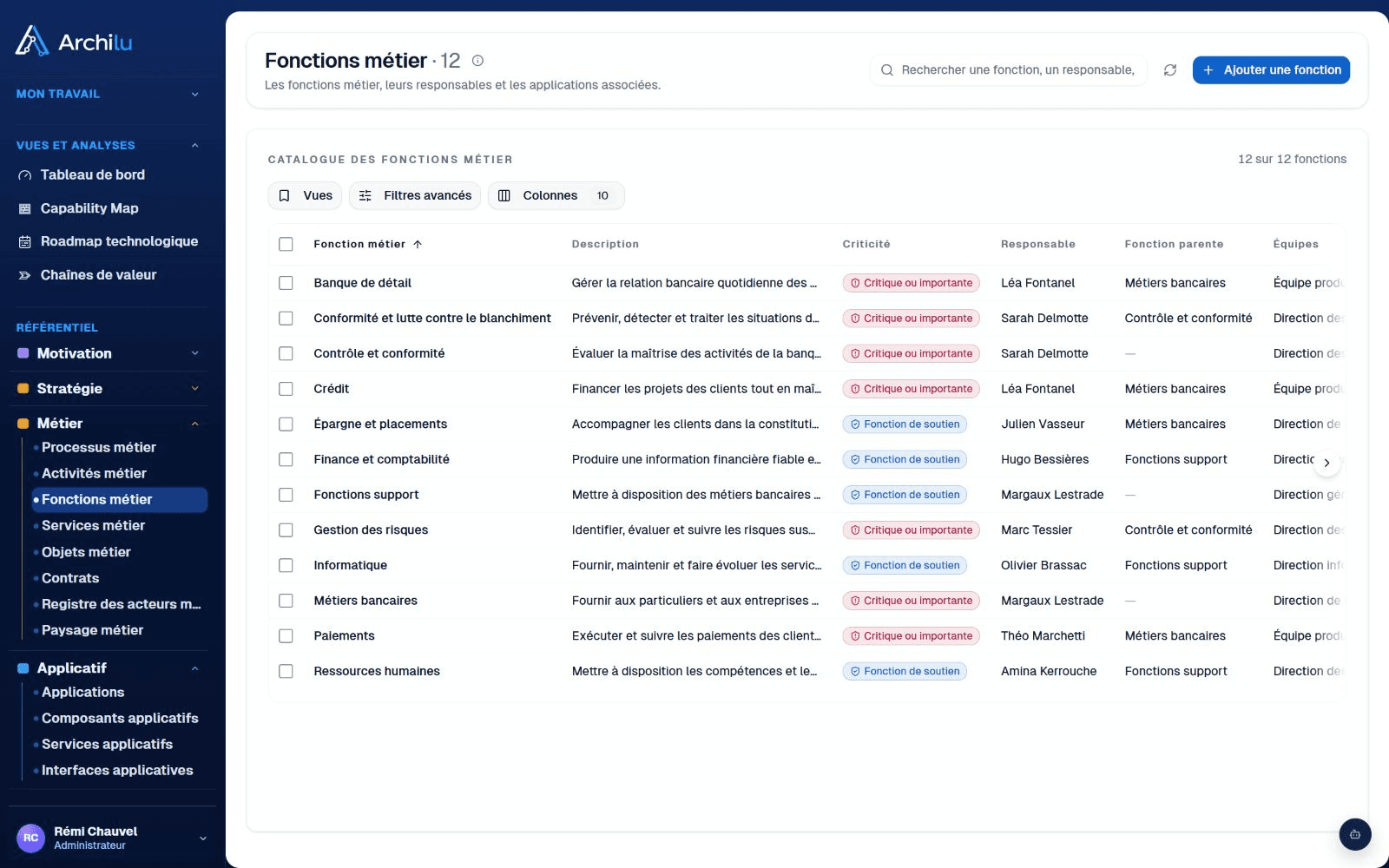Catalogue réel des 12 fonctions métier de la banque fictive, avec criticité, responsables et fonctions parentes.